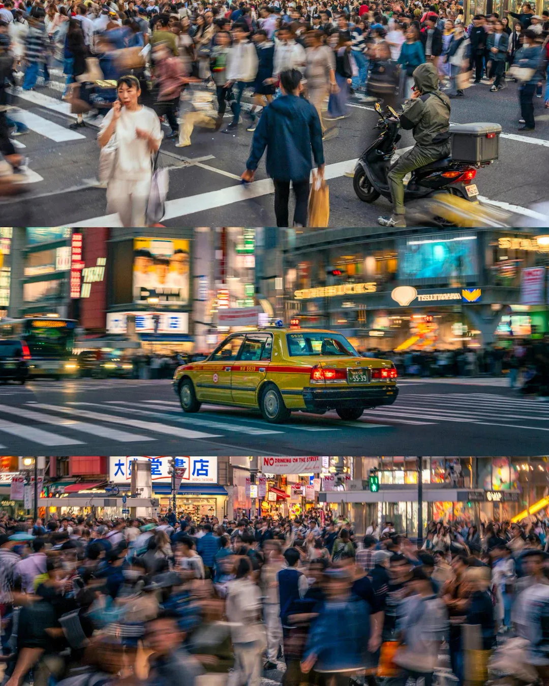 Human currents flowing across Tokyo's scramble crossing, anchored by the silhouette of a retro taxi.