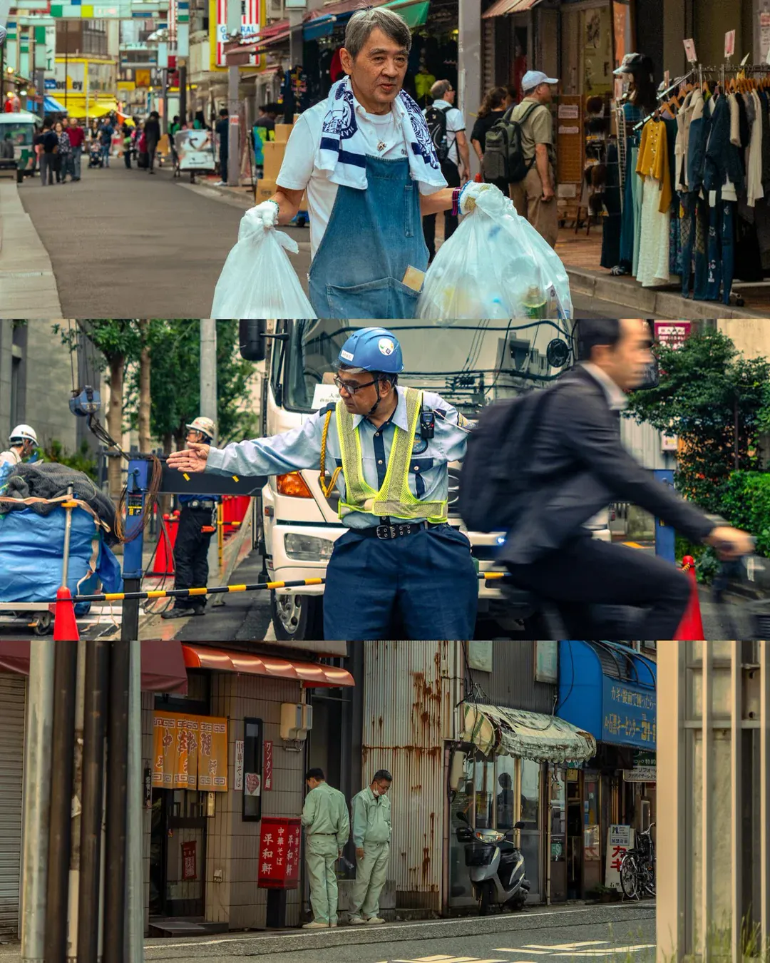 A three-panel slice of city life: the street vendor, the traffic marshal, and regulars outside a traditional diner.